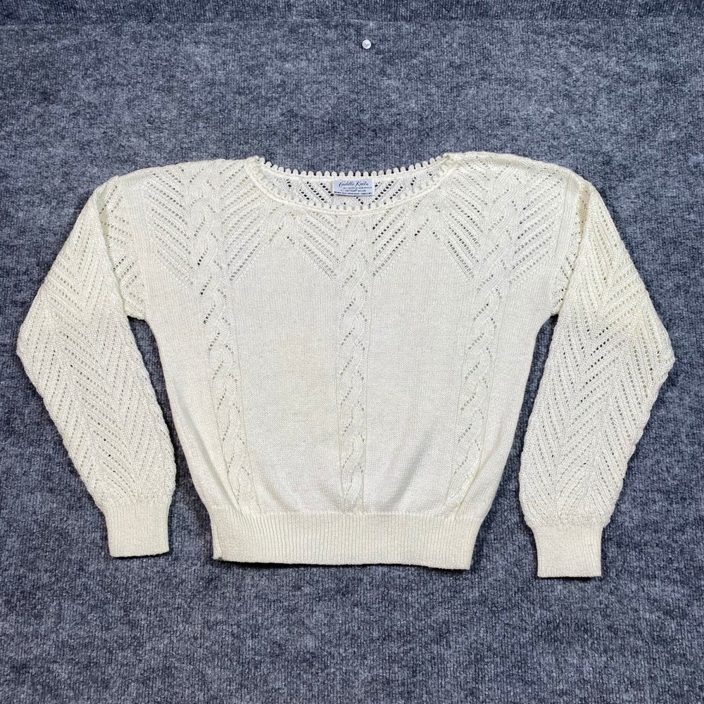 Cuddle‎ Knit Vintage Cream Pointelle Cable Knit Scalloped Neck Sweater Womens L